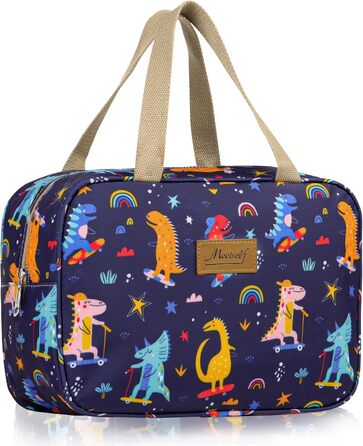 Велика косметичка для подорожей, жіноча косметичка-органайзер, косметичка для макіяжу з ручкою, велика дорожня косметичка для аксесуарів, темно-синя з динозавром (#9 Blätter)