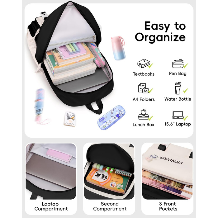 Рюкзак Tanou для дівчаток, шкільний набір: рюкзак, сумка через плече та пенал, чорний