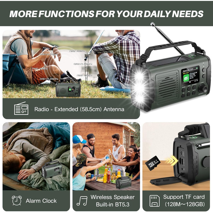 Радіо на механічному заводі DAB+ FM 20000mAh, Аварійне радіо DAB+ з сонячною панеллю та Bluetooth, Радіоліхтарик з зарядкою для телефону та компасом для виживання (Зелений)