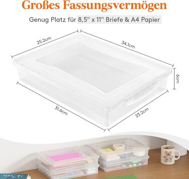 Lifewit 4 Pack 5L Storage Boxes with Lids, Plastic Boxes with Clip Closures, A4 Document Boxes, Transparent Organizers, Multi-Purpose Boxes for Crafts, Paper, Art Supplies, Building Blocks, Tools