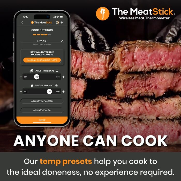 Термометр для м'яса MeatStick з додатком: бездротовий термометр для приготування м'яса з радіусом дії 10м, точний датчик температури до 300°C, термометр для гриля з датчиком 92мм, з зарядним пристроєм TC600P