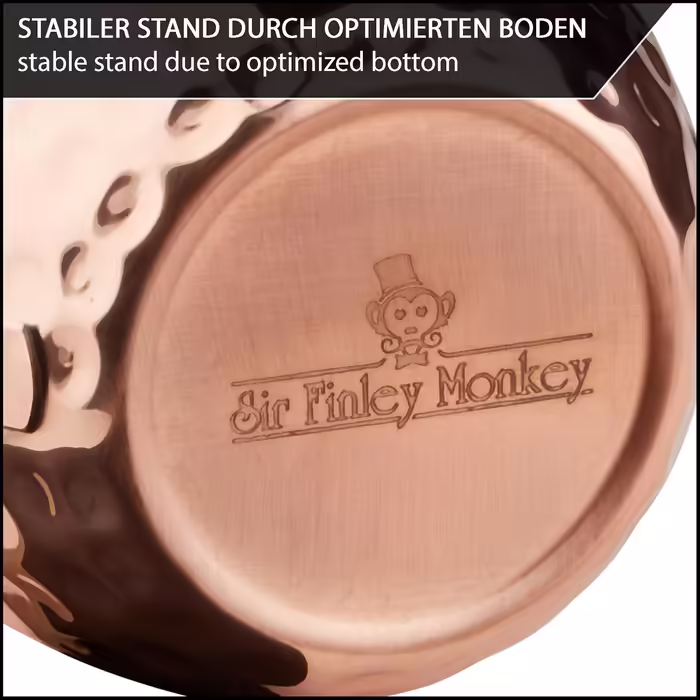 Sir Finley Monkey Moscow Mule Becher 2er Set - Copper Mugs, Pure Copper (100%) - Copper Cups 450 ml Suitable for Ayurveda (Design Fass)