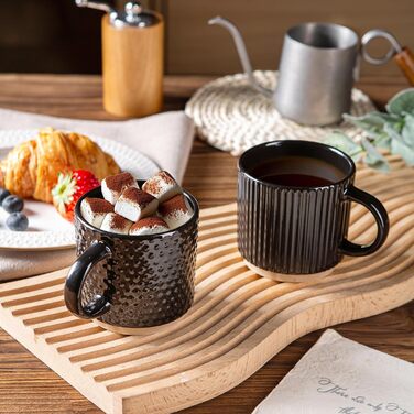 Набір керамічних чашок GBhome 4 шт. 350 мл з текстурою | Для лате/капучино | Можна мити в посудомийній машині та використовувати в мікрохвильовці | Чорний колір