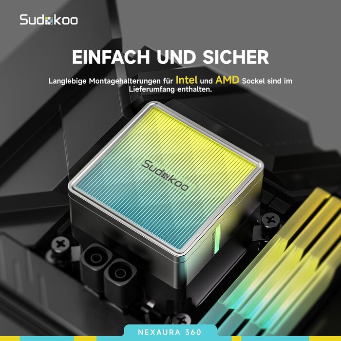 Система водяного охолодження Nexaura 360: AIO з 3 вентиляторами PWM ARGB та тихою помпою (2500–3600 RPM) для Intel LGA 1851/1700/1200/115X AMD AM5/AM4, чорний