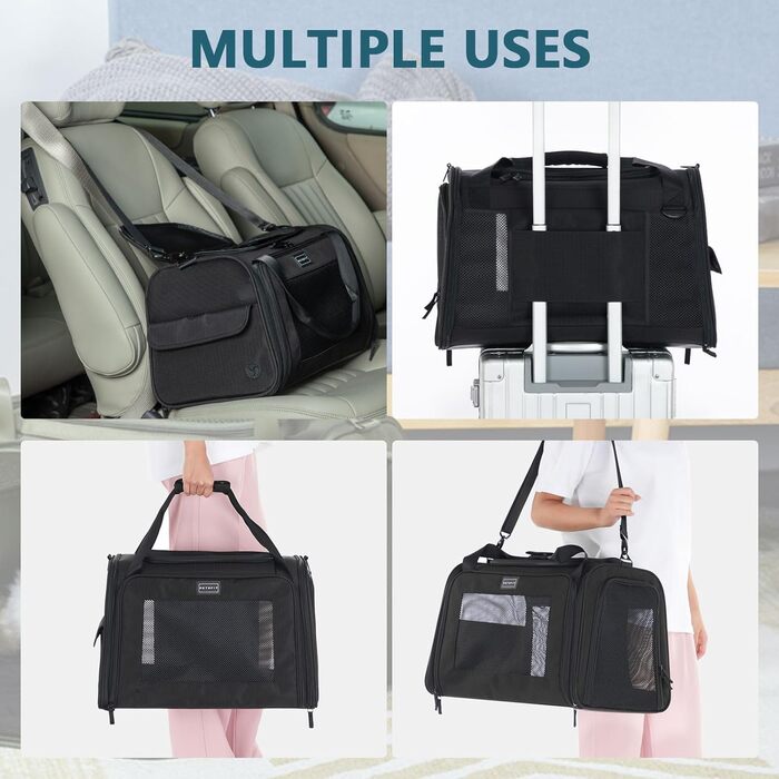 Транспортна переноска для котів та собак Petsfit, чорна, 47.5L x 33B x 33H см, з м'яким розкладним килимком та плечовим ременем