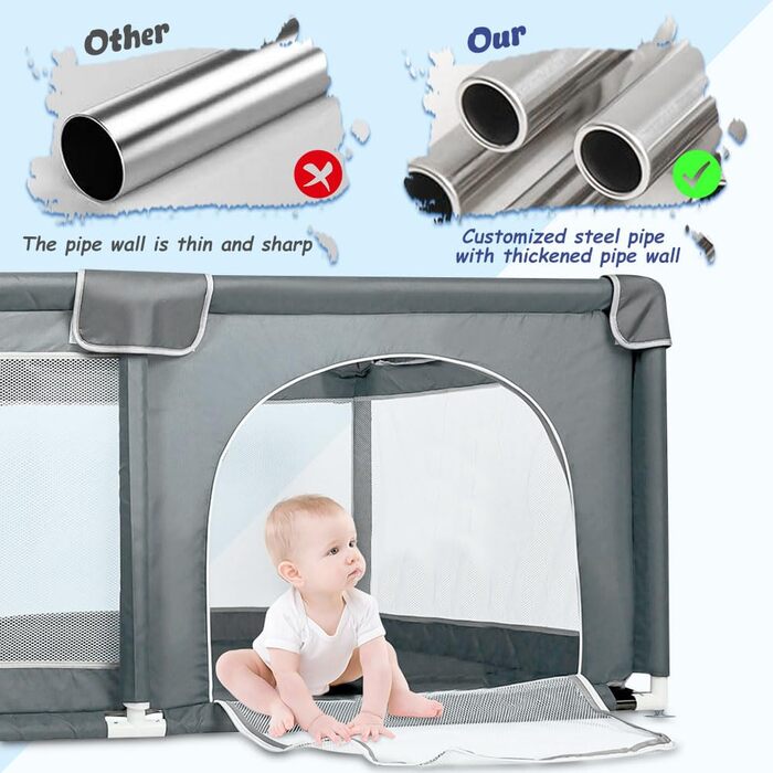 Baby Playpen, 160 x 120 cm, Activity Fence for Kids, with Base, Modular, Foldable, Large Playpen for Toddlers with Zipper Door (gray)