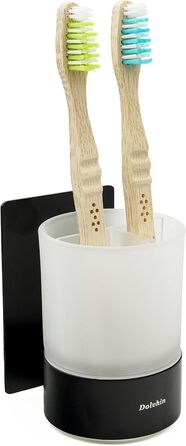 Dolvhin® Toothbrush Holder without Drilling | Frosted Glass Toothbrush Cup for Gluing | Toothbrush Cup & Wall Mount Toothbrush Holder Stainless Steel | Toothbrush Cup & Toothbrush Organizer | Matte Black
