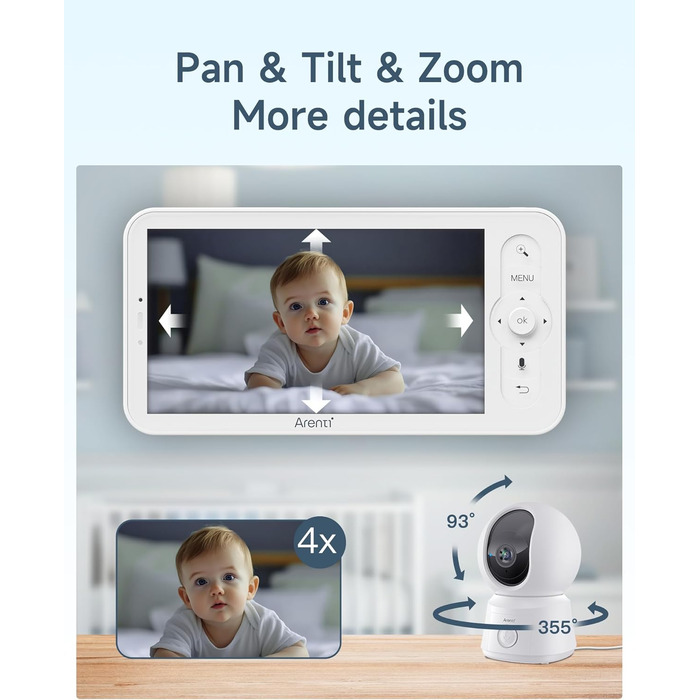 Дитячий відеомонітор Arenti з камерою та додатком, 5' дисплей, 1080P PTZ, датчик температури, колискові, нічне бачення, 2-сторонній аудіо, VoX режим, автоматичне відстеження (B2 2cam)