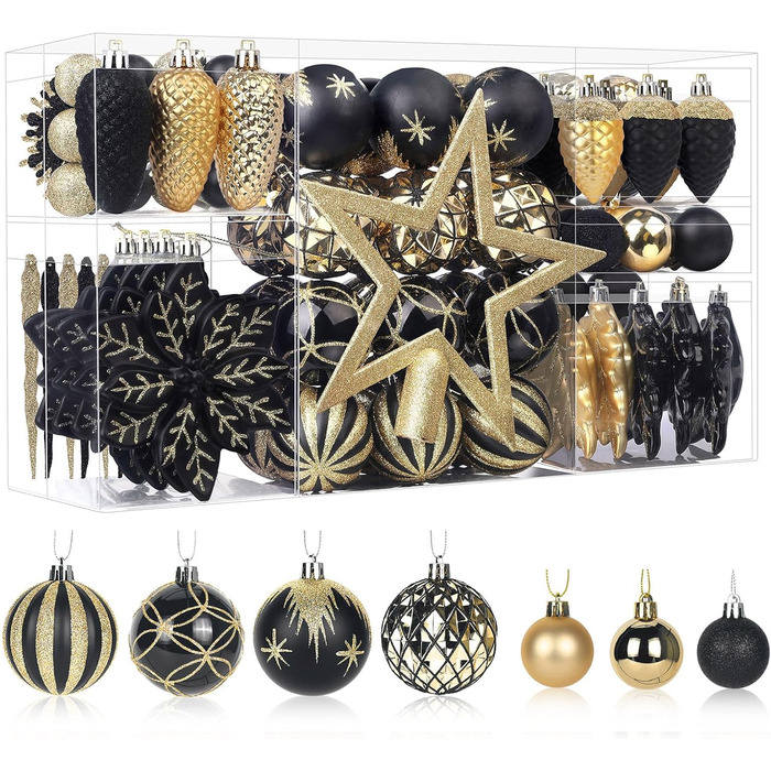 Набір прикрас для ялинки Shareconn: 106 шт. чорно-золотих кульок, 24 кольори, ударостійкий, для святкування, весілля