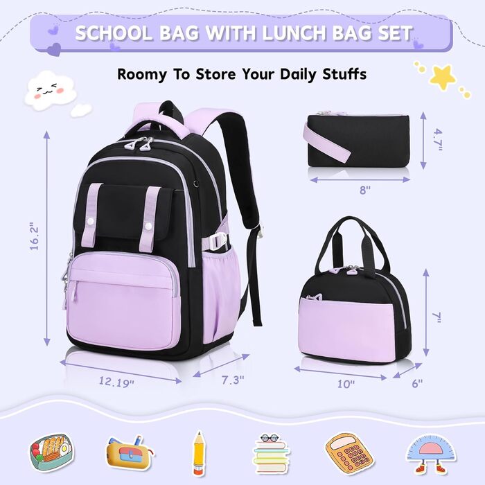 Дитячий рюкзак для школи для дівчаток: Kawaii рюкзак з великою місткістю (3-частинний набір, чорний та фіолетовий)