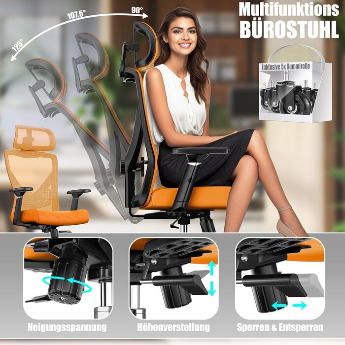 Офісне крісло KESSER® ергономічне з регульованими підлокітниками, поворотне з підтримкою попереку, з підголівником. Функція гойдання до 125° та 5 роликів. Оранжевий/срібний колір.