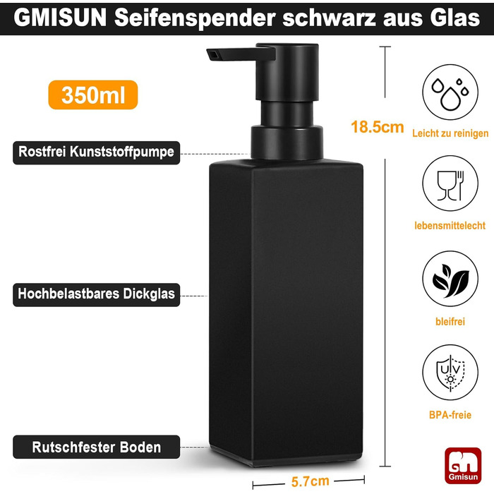 Дозатор для мила GMISUN для ванної кімнати та кухні, 350 мл, чорний скляний диспенсер з піддоном та водонепроникними етикетками (2 шт)