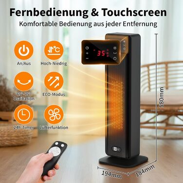 Електричний обігрівач Aeco EcoHeat Boost 58 см з пультом керування, 2000 Вт, LED ECO-режим, таймер 24 год, 4 режими, тиха кераміка, термостат, захист від перегріву та перекидання, осциляція. Smart Tower ECO