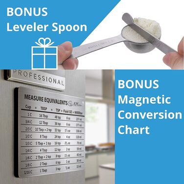 Stainless Steel Measuring Cups and Spoons Set, 16 Pieces, 7 Cups & 7 Spoons + Leveler & Chart - Metal Measuring Spoons and Cups - Stainless Steel Dry Measuring Cups & Liquid Metal