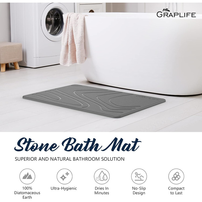 Килимок для ванни та душу Graplife, 2 шт., 60x38 см, сірий, швидковисихаючий, антиковзаючий, з пористої глини