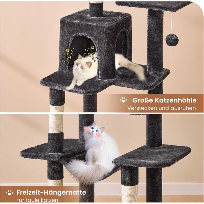 Кігтеточка для котів MSmask велика, багатоповерхова з платформами, печерами та гамаком, обтягнута сизалем (темно-сіра)