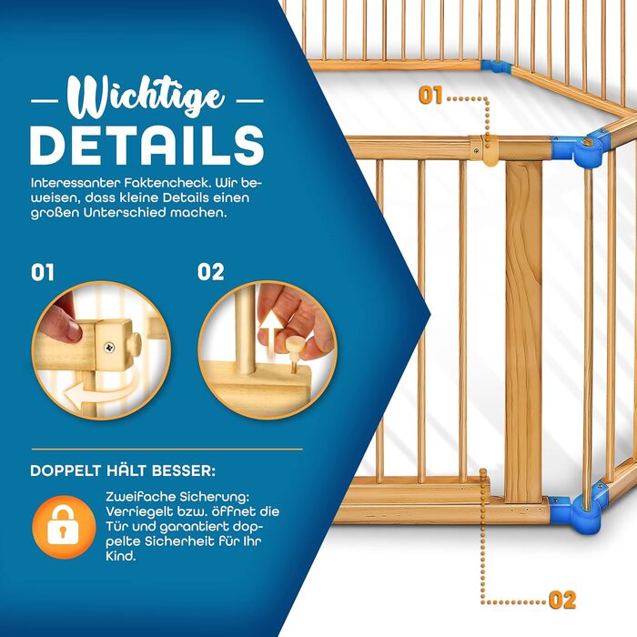 Дитячий манеж KIDUKU® XXL, 7,2 м, розкладний, з дверцятами | Манеж для дитини з подвійним замком | Захисне огородження для дітей з 8 елементами, білий/натуральний (блакитний)