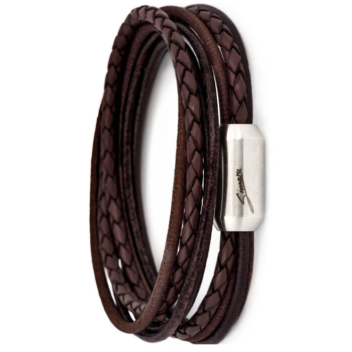 Браслет шкіряний Echtleder (Німеччина) унісекс з магнітною застібкою, 3XL (21-22 см), коричнево-срібний