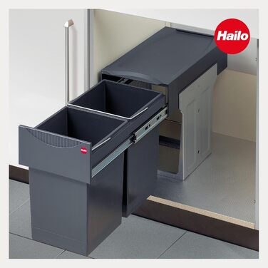 Вбудований контейнер для сміття Hailo Tandem 3666101 – система сортування сміття, 2х15л, повний висув, телескопічні направляючі, для кухонних шаф від 30 см, темно-сірий
