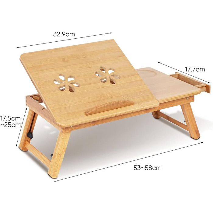 Стіл для ноутбука на ліжко, бамбуковий, регульований, з ящиком. Стіл для читання, сніданку, малювання та їжі