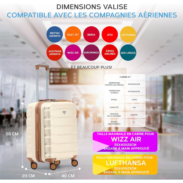 Чоткий валіза Flight Knight 4-колісний, жорсткий, ручна поклажа, 56x45x25 см (TSA), кремовий/бежевий