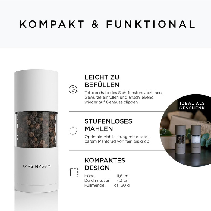 LARS NYSØM Salt and Pepper Mill Set made of Stainless Steel with Adjustable Ceramic Grinder 2 Pieces | Manual Spice Mills with High-Quality Design (2 pcs) (Pure White)