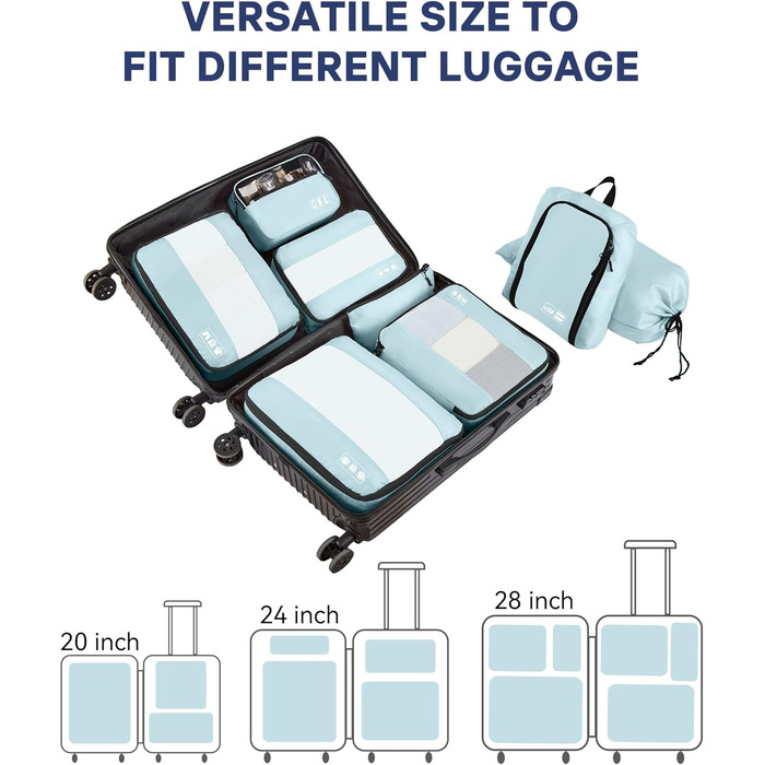 Органайзер для валізи MURISE, 8 шт. - Packing Cubes для подорожей, сумки-органайзери для валізи, з мішком для взуття та косметичкою, система організації, Travel Essentials, (Світло-блакитний)