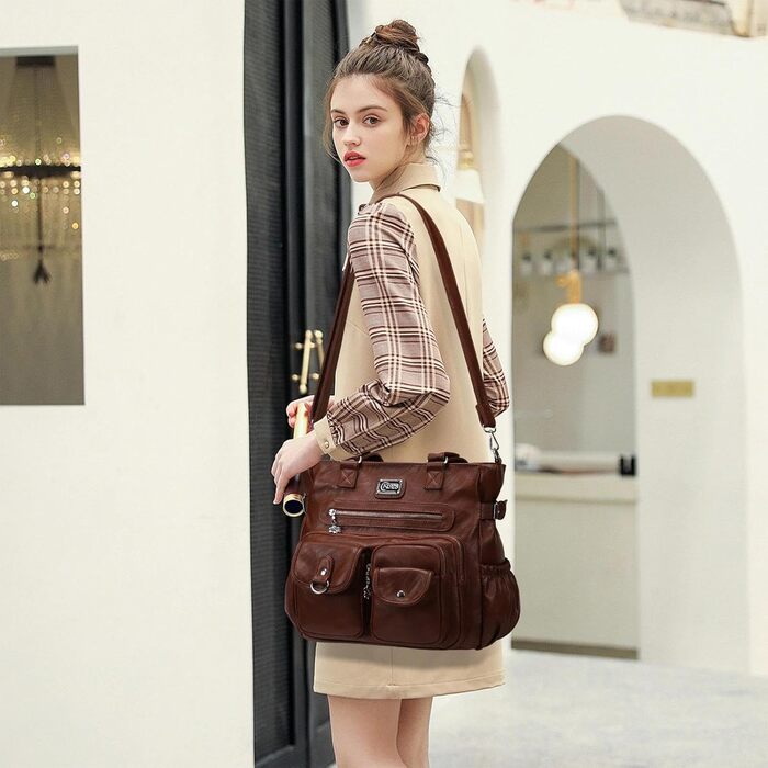 Сумка жіноча KL928 через плече, велика, з PU шкіри, чорна/каштанова - багато відділень