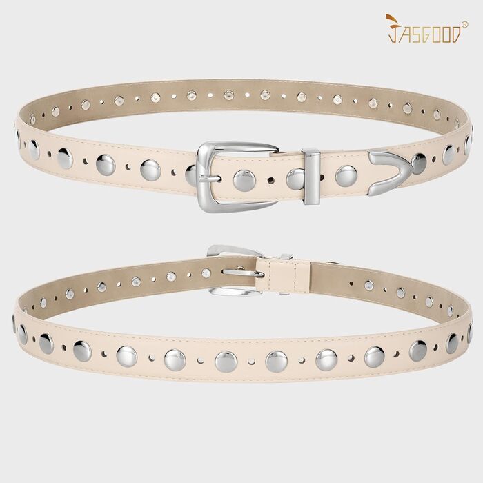 Жіночий шкіряний ремінь JASGOOD з золотою пряжкою, вінтажний панк-рок ремінь, модний ремінь з шипами для джинсів та повсякденного носіння, 130 см: для розміру 105-114 см (Бежевий, 110 см: для розміру 78-92 см)