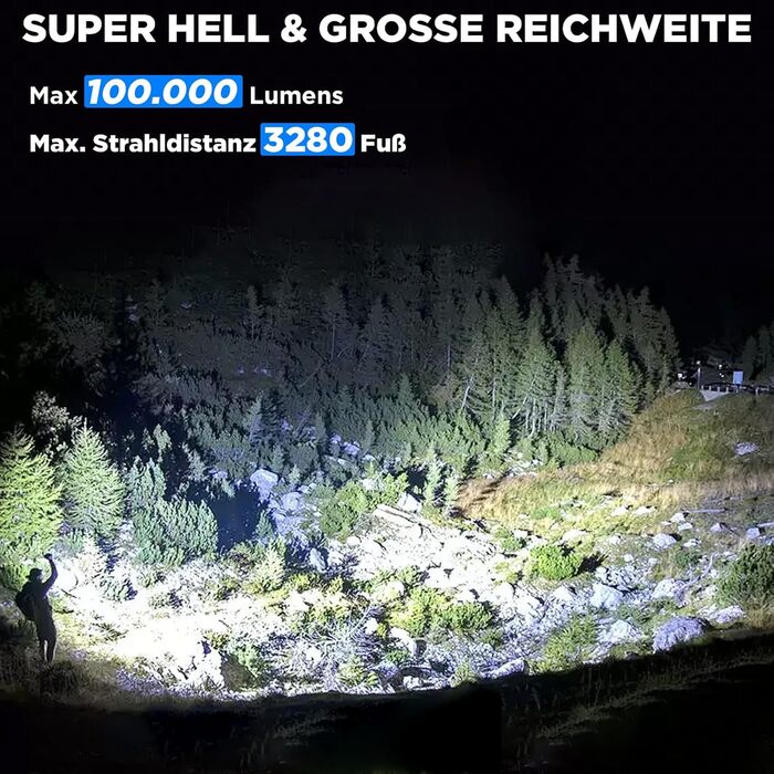 LED ліхтар ZEUSFIRE, 2 шт., 100000 люмен, надяскравий, тактичний, з 7 режимами, IPX7, акумуляторний, для кемпінгу та туризму