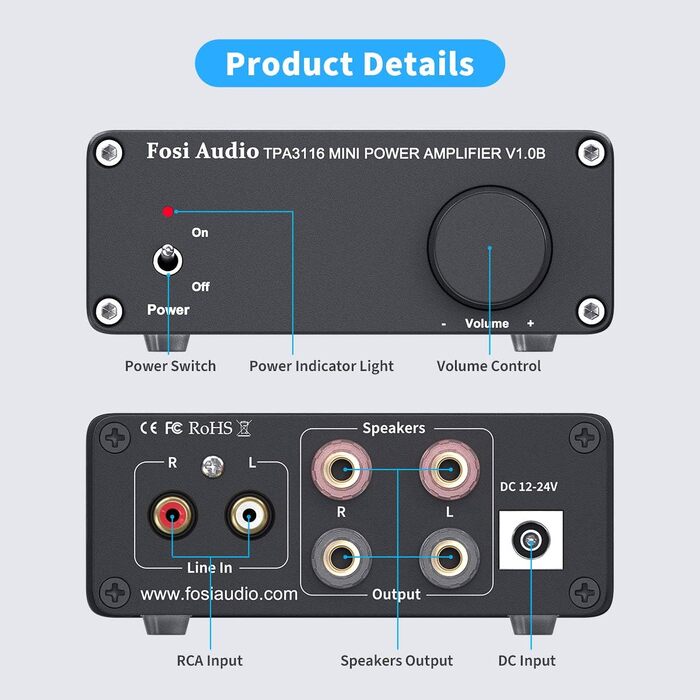 Fosi Audio V1.0B стерео підсилювач 2x50 Вт, 2-канальний міні Hi-Fi класу D, інтегрований TPA3116, з блоком живлення 19 В 4,74 А для динаміків