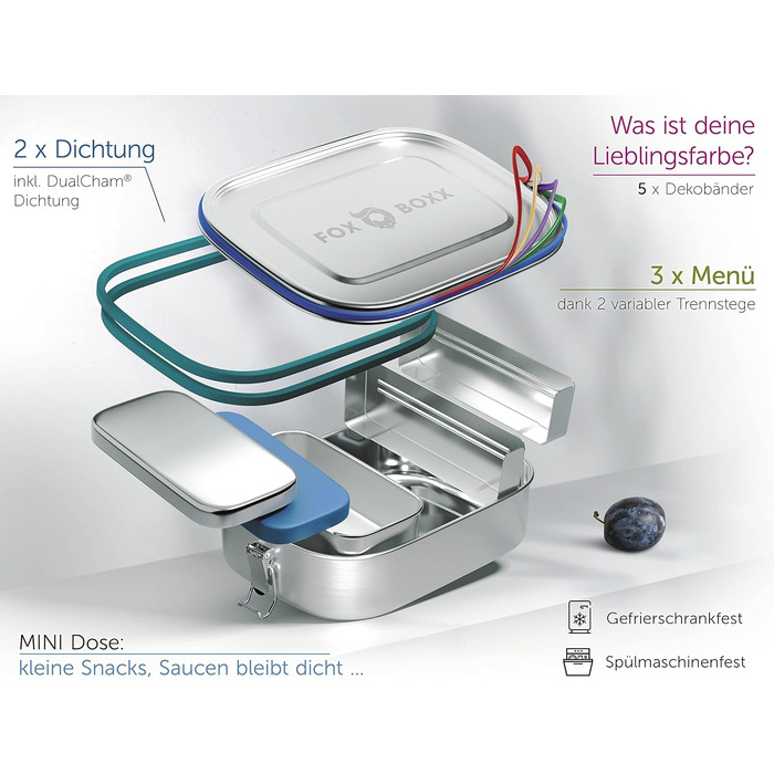 Stainless Steel Lunch Box/Mini 800ml Special/MINI Container 150ml 2 Lids / 5 DECO Color Rings + Replacement Seal + 2 Dividers = 3 Compartments/Kids
