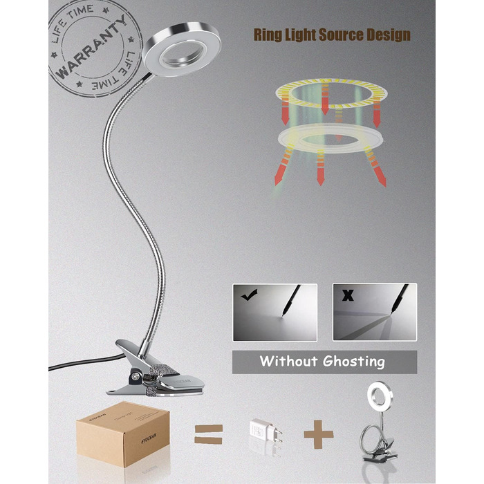 LED лампа для читання з кліпсою, диммер, 3 режими, 10 рівнів яскравості, срібляста, 8W