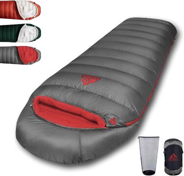Спальний мішок для дорослих з пухом, 680FP, Outdoor, зимовий, для кемпінгу, походів та подорожей, з компресійним мішком, -10°C, сірий