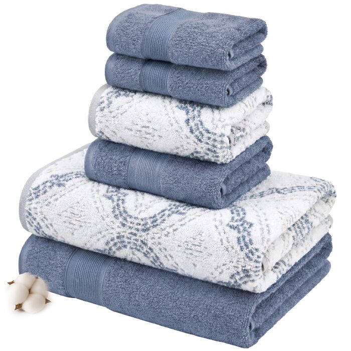 Набір рушників Modern Threads Capri з жакардовим плетінням, 6 предметів, 100% гребінна бавовна, двосторонні, високопоглинаючі (Синій, Small)