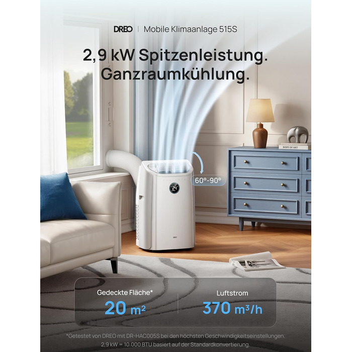 Портативний кондиціонер DREO 10000 BTU з охолодженням без дренажу, керуванням через додаток/голос/пульт, таймером 24 год та функцією вентилятора та осушувача повітря, AC515S