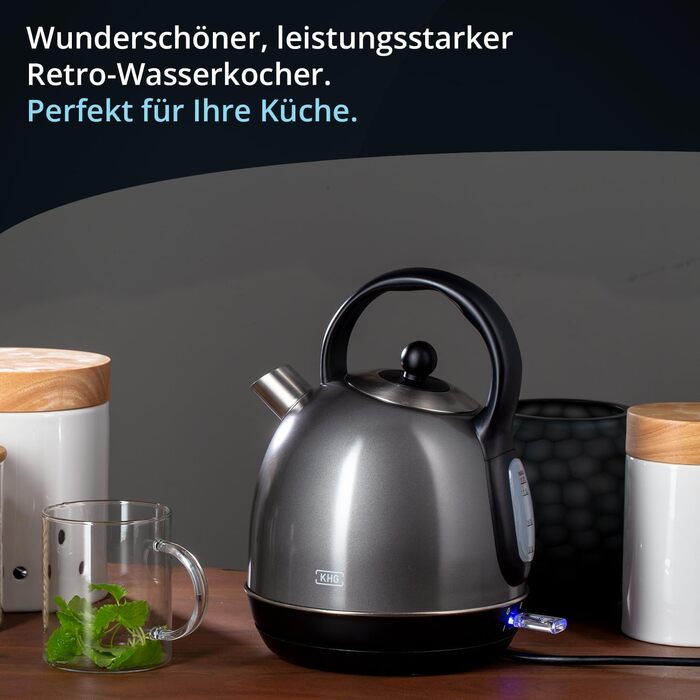 Електричний чайник KHG WK-1711 Retro, зелений, 1.7 л, нержавіюча сталь, з фільтром від накипу, індикатором рівня води, захистом від сухого кипіння та автоматичним вимкненням, прихований нагрівальний елемент, BPA-free, 2200 Вт