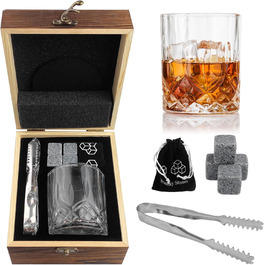 Набір склянок для віскі Ghazpmuk, набір кам'яних кульок для віскі, подарунок для чоловіка, набір для віскі з 4 кульками, 1 склянка, щипці для льоду, підставки, оксамитовий мішечок, для дня народження, на День батька