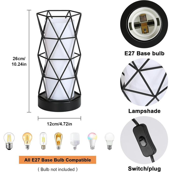 Настільна лампа з дерева та металу, вінтажний стиль, E14/E27, для дитячої, вітальні, спальні, бару (чорний)