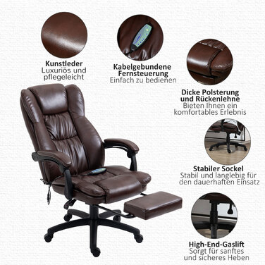 Vinsetto Adjustable Swivel Chair with Footrest, Headrest, Massage Function, Faux Leather, 68.5x68.5x113-121cm, Brown