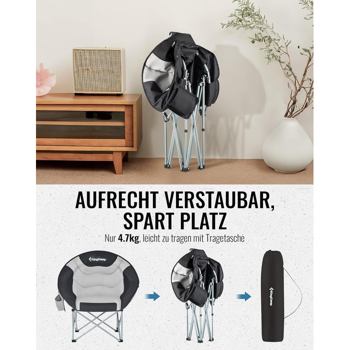 Крісло для кемпінгу KingCamp Moonchair XXL - зручне, м'яке, для відпочинку на природі, риболовлі, саду, балконі. Макс. вантажопідйомність 205 кг, з підстаканником та високою спинкою.