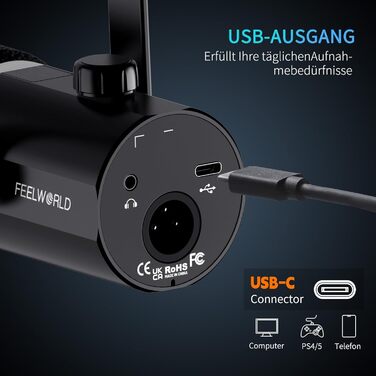 Мікрофон FEELWORLD PM1 XLR/USB з RGB-підсвічуванням для запису подкастів, геймінгу та YouTube. З підсвічуванням RGB, регулятором гучності та навушником.