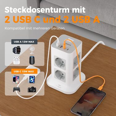 Розподільник розеток TESSAN з 8 розеток, 2 USB-C, захистом від перенапруги, 4 USB, вимикачем та кабелем 2м (сірий/білий)