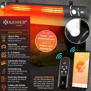 Інфрачервовий обігрівач KESSER® 3000W з LED-підсвічуванням та Wi-Fi, для тераси, кафе, ресторану. Настінний кварцовий обігрівач, антрацит