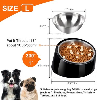 Миска для собак Petvillage з нахилом 15°, нековзна, не протікає, знімний стійкий підставкою з меламіну, розмір S/0,5 чашки, чорна