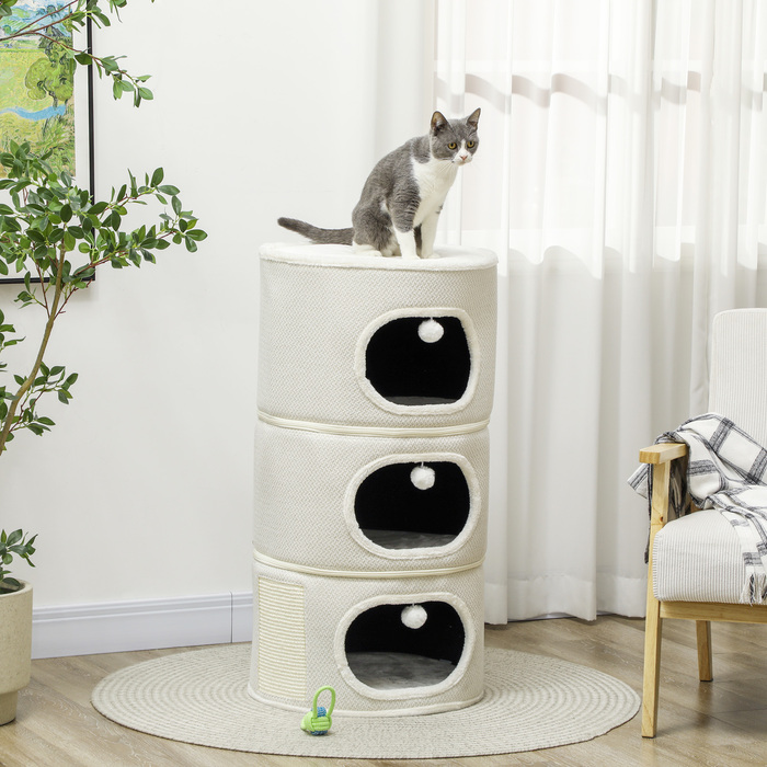 PawHut Дряпка для котів, 100 см у висоту, котячий будиночок з 3 печерами, дряпка з іграшковими кульками, котяча вежа з сизалю, для котів до 6 кг, Бежевий+Кремовий | Aosom
