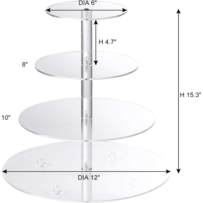 Підставка для тортів на 4 яруси, кругла, з акрилу, 30.5 см - для вечірок, свят, днів народжень