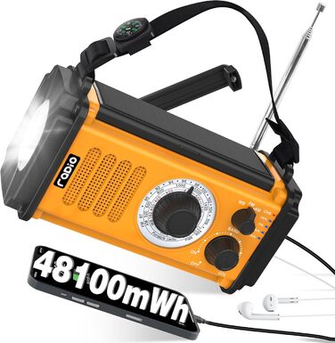 Радіоприймач на сонячній батареї та з ручним генератором 13000mAh, AM/FM, USB-зарядка, ліхтар 800LM, компас, SOS-сигнал, помаранчевий | Аварійний комплект для виживання