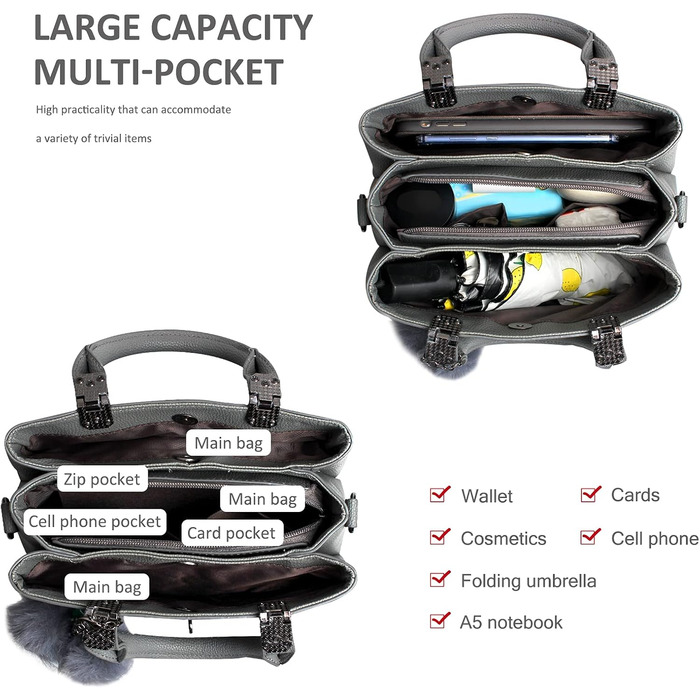 Сумка жіноча шкіряна NICOLE & DORIS 2025 чорна/сіра з помпоном та знімним ремінцем