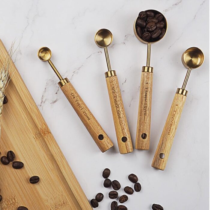 8-Piece Stainless Steel Baking Tool Set, Measuring Cups, Measuring Spoons, Wooden Handle, Kitchen Utensils for Coffee Powder